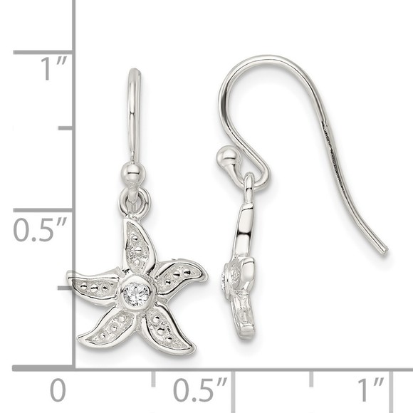 925 Sterling Silver Textured CZ Center Starfish Shepherd Hook Dangle Earrings